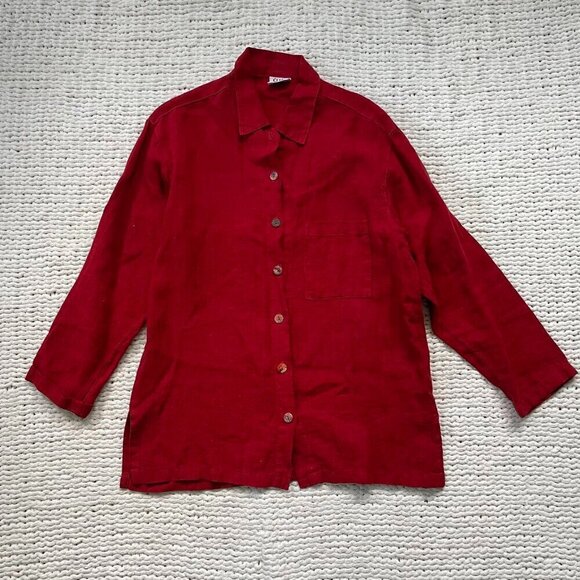 Click Tops - Women's Vintage  Click Linen Red Button Up Shirt - Size XS